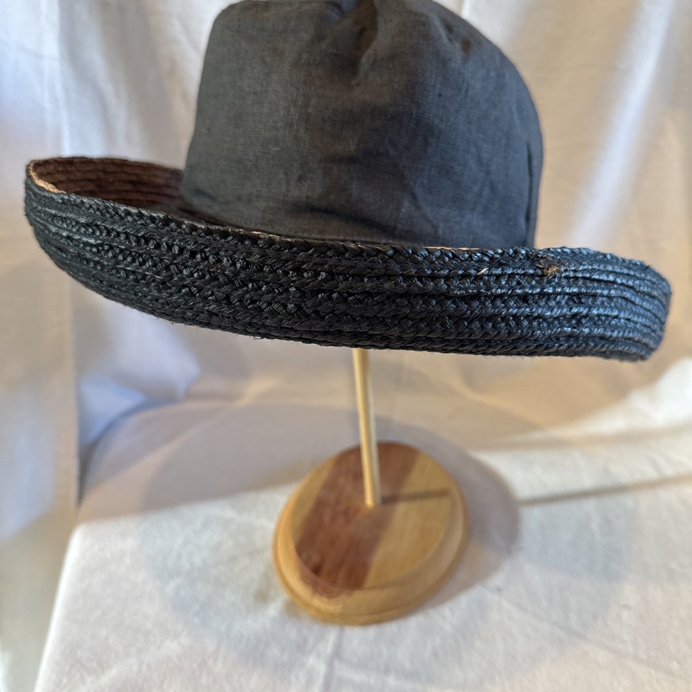 Vintage Summer Tompkins Straw Hat With‎ Linen Cap  Tip Up Brim Black USA Made